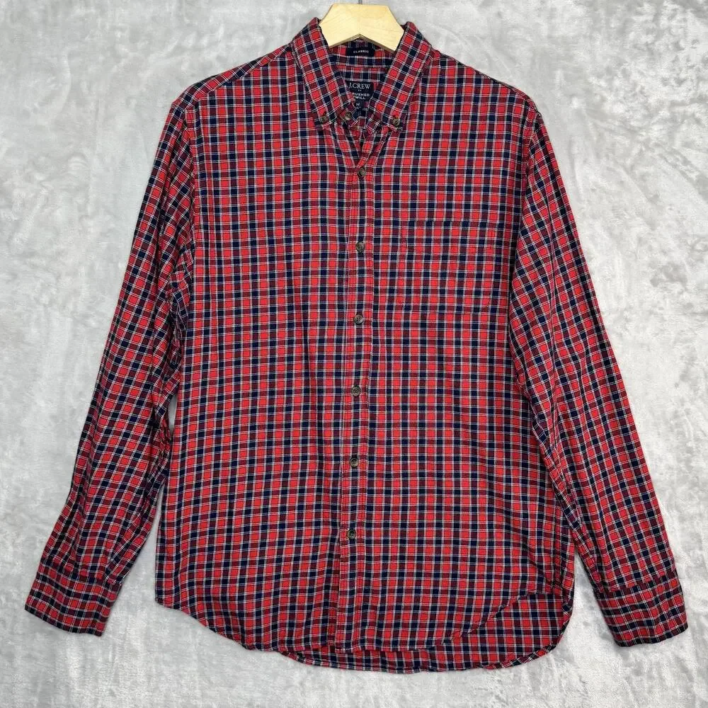 J.Crew Shirt Mens Medium Red Navy Plaid Brushed Twill Button Down Long Sleeve